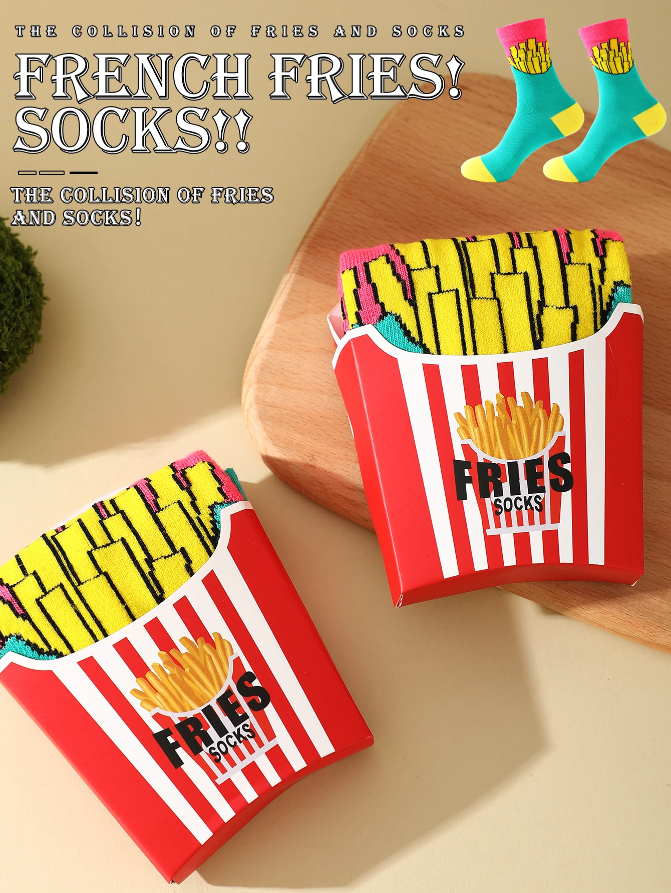 1 pasang kaus kaki unisex pertengahan betis dalam desain goreng Perancis yang baru, hadiah meriah yang unik dan menarik. Cocok untuk Paskah