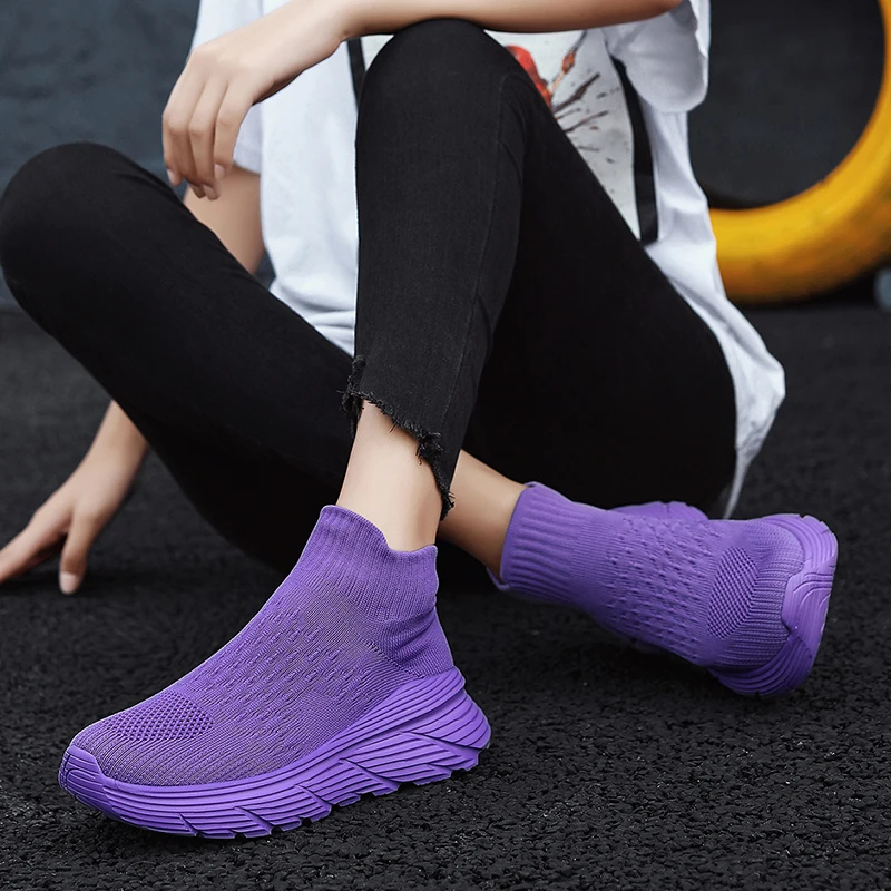 High Top Purple Sock Sneakers For Men Fashion Platform Men's Running Shoes Lightweight Breathable Knit Casual Sports Shoes Women