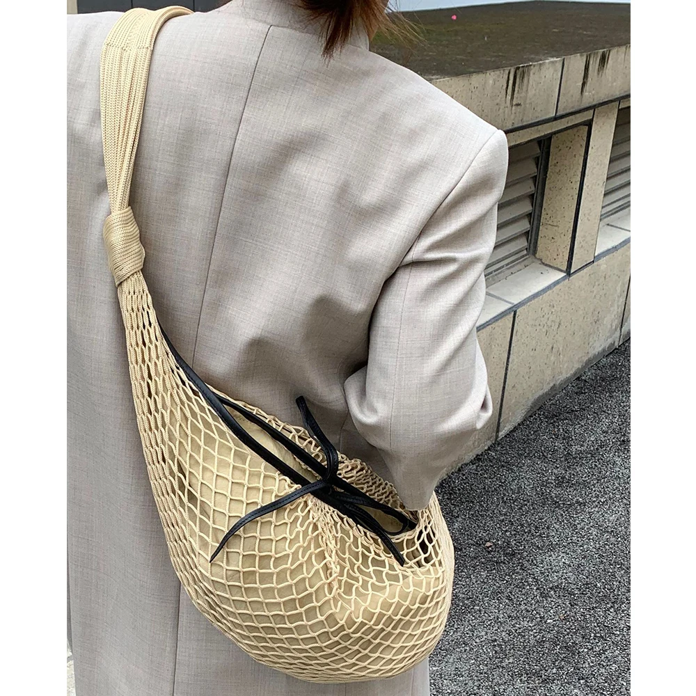 Fashion Designer Mesh String Bag Hollow Fishing Net Shoulder Crossbody Bag Half Moon Hobos Tote Bags for Women Croissant Shopper