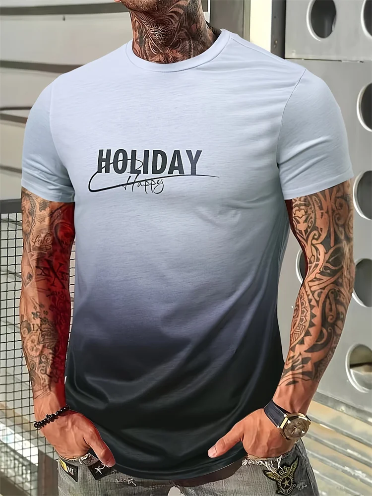 Men's Casual T Shirt Gradient Letter Printed T Shirt Muscle Fitness Shirt Oversized Short Sleeve Top Summer Retro Men's T Shirt