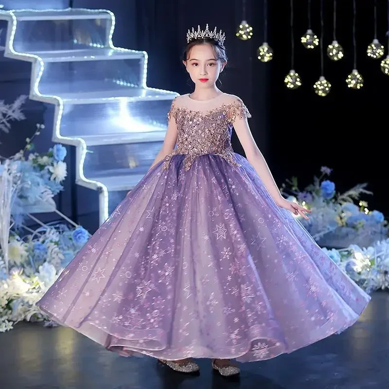 

2024 Christmas Luxury Purple Long Dresses for Girls Kids Princess Birthday Party Gala Gowns Children Pageant Evening Short Dress