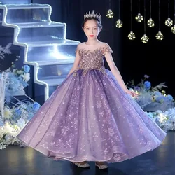 2024 Christmas Luxury Purple Long Dresses for Girls Kids Princess Birthday Party Gala Gowns Children Pageant Evening Short Dress