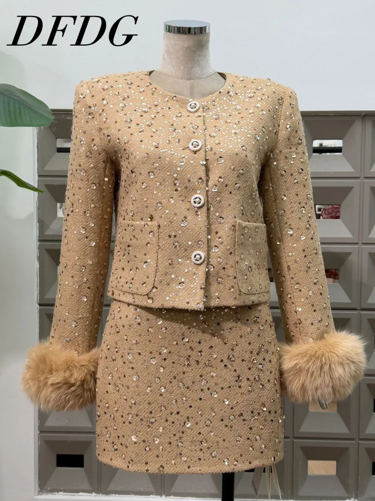 

DFDG 2025 Women's Designer Sequins Round Neck Jacket Bodycon Skirt 2 Piece Set Minimalist Elegant Spring Autumn Party Outfit Set