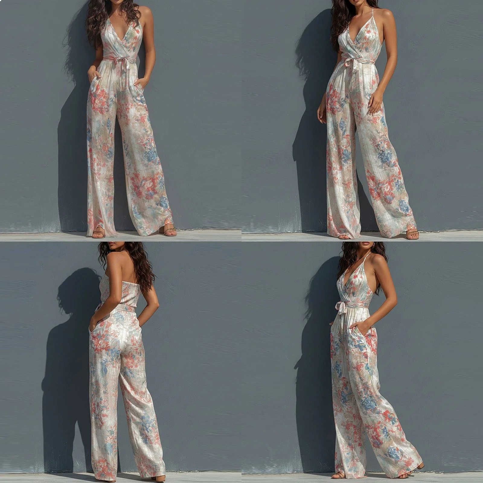 

Sexy Deep V Backless Jumpsuit Spring Summer Women Printed Overall Romper Playsuit