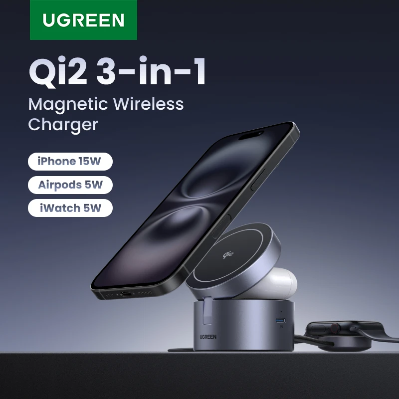 UGREEN Qi2 15W Max شاحن لاسلكي مغناطيسي 3 في 1 حامل شحن سريع شاحن Magsafe لهاتف iPhone 15 16 Pro Max/AirPods #1