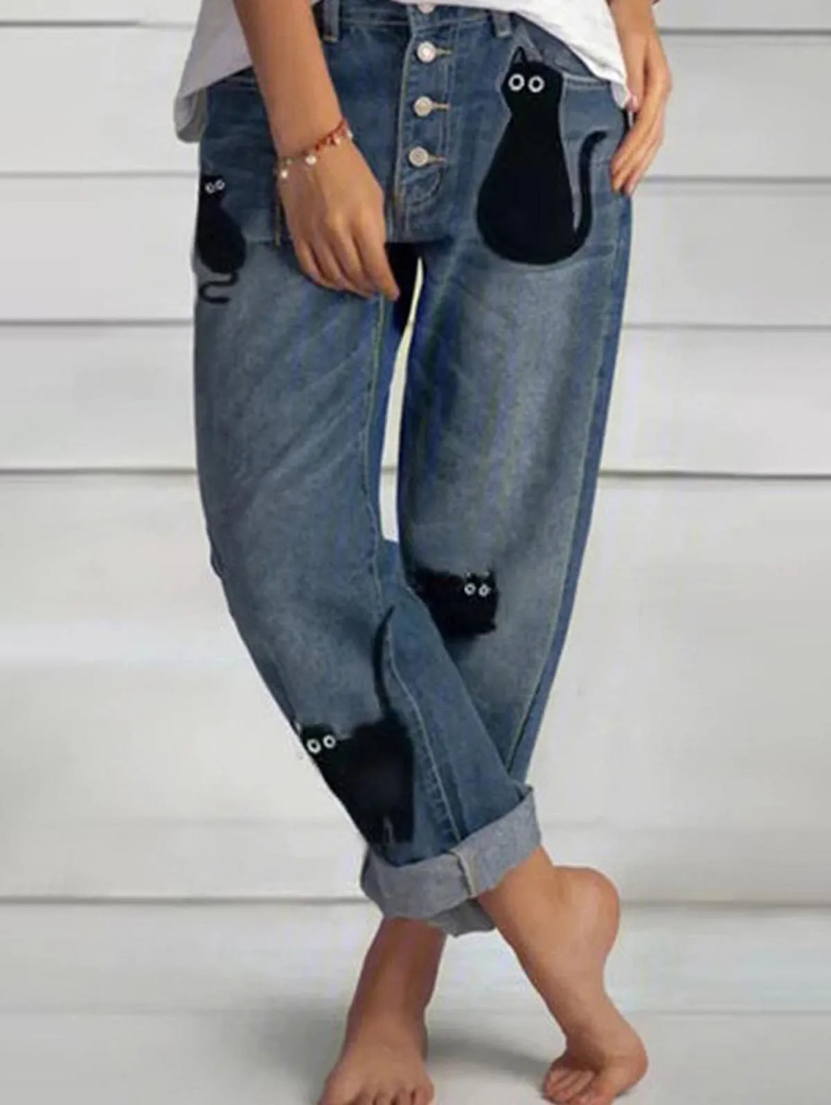 

Women's High Waisted Jeans Y2K Blue Baggy Straight Leg Denim Pants Full Length Fashion Cat Pattern Button Jean Baggy Trousers