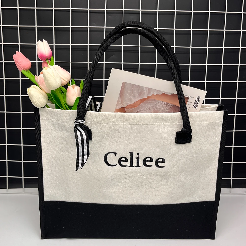 Custom Name Totes Bag Fashion Canvas Tote Letter Flower Portable Beach Shoulder Shopping Casual Beach Bag Large Capacity Handbag