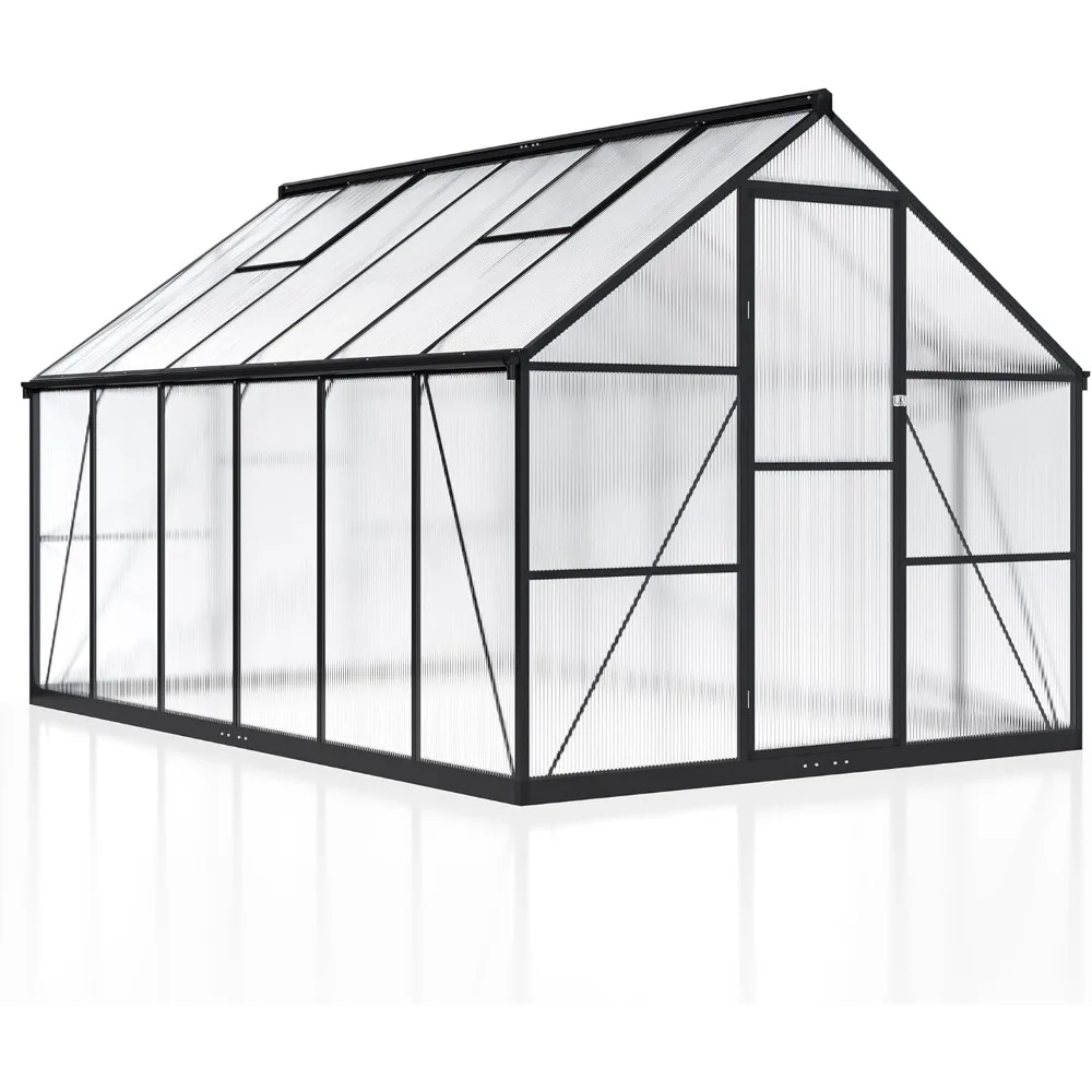 8x12 FT Greenhouse for Outdoors, Quick Setup Polycarbonate Greenhouse with Roof Vent, Aluminum Large Walk-in Greenhouse for