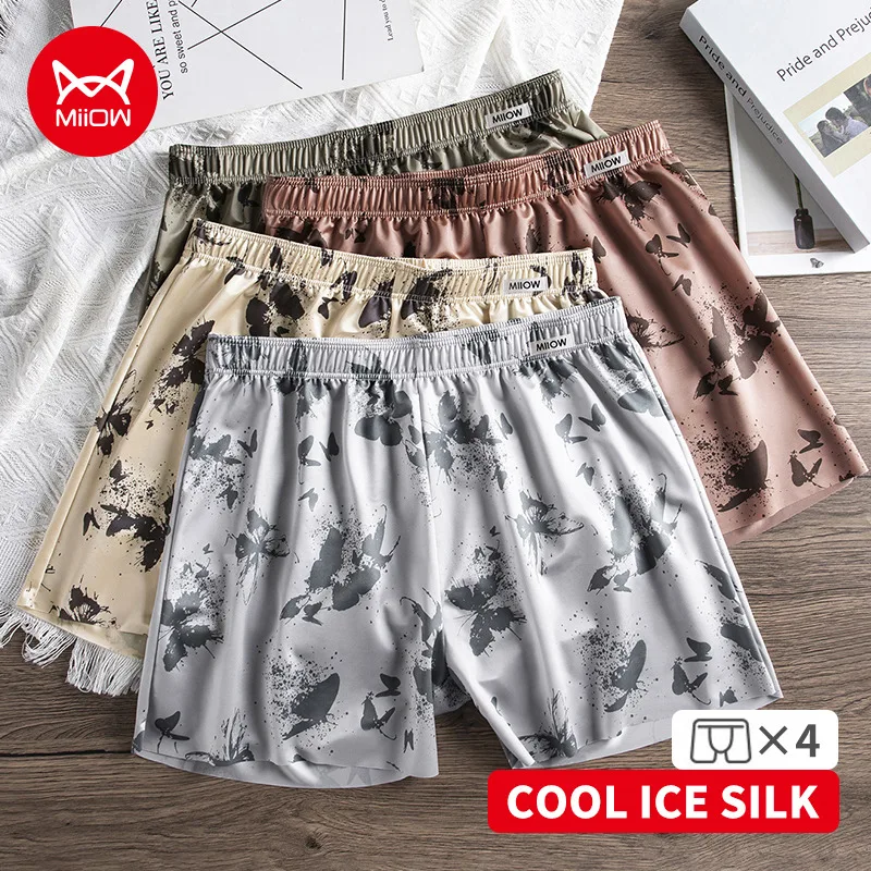 

MiiOW 4Pcs Summer Ice Silk Men Underwear Boxershorts Breathable Man Panties Large Size Shorts Underpants Mens Home Aloha Pants