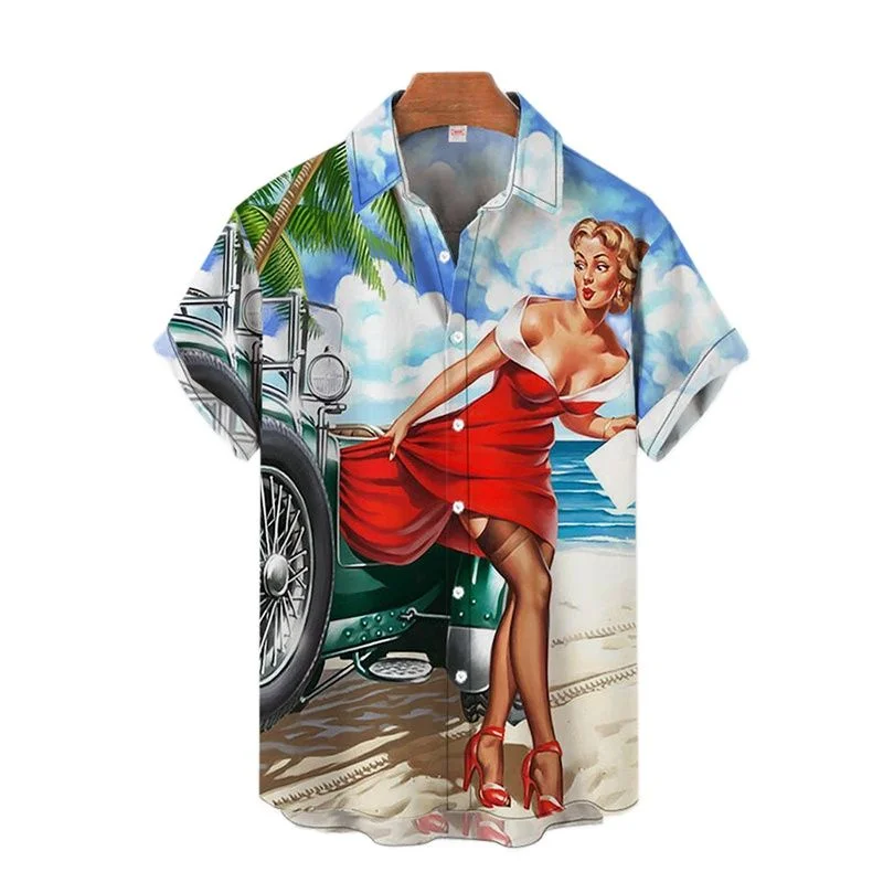 

Men's Illustration Shirt Summer Vintage Pattern Tops Hawaiian Cartoon Pattern Casual Short Sleeve Clothing Men's Button Shirts