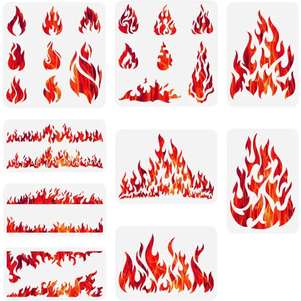 9 PCS Fire Pattern Stencil 3 Sizes Reusable Burn Blaze Bonfire Painting Stencils Plastic PET Wall Border Stencil Flames Stencil