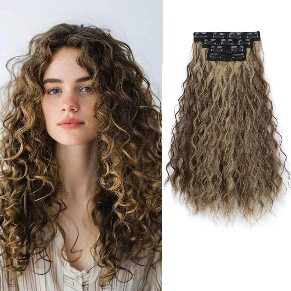 4PCS Synthetic Wavy Clip in Hair Extensions Set Water Wave Long Curly Hairpiece for Cosplay Party Daily Styling