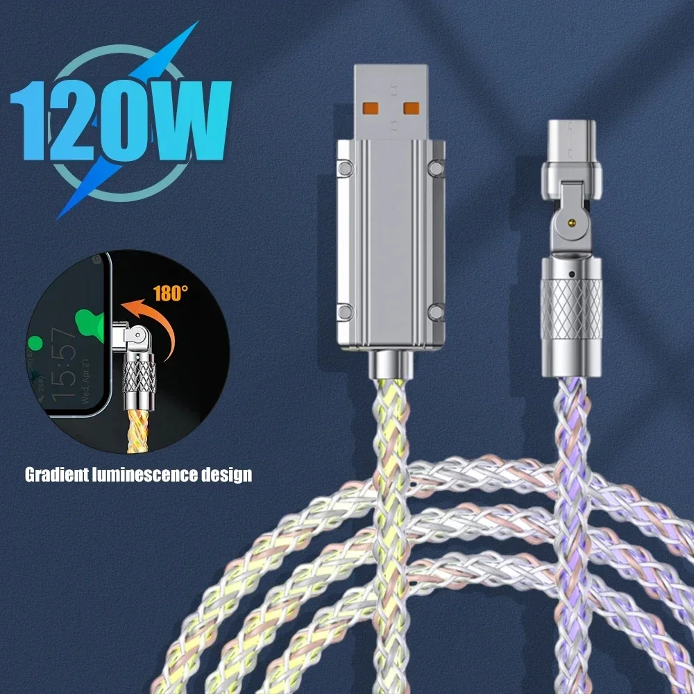 6A 120W RGB Super Fast Charging Date Cable Colorful Glowing Line for Samsung Huawei Xiaomi Vivo Oppo Type-C USB Cables
