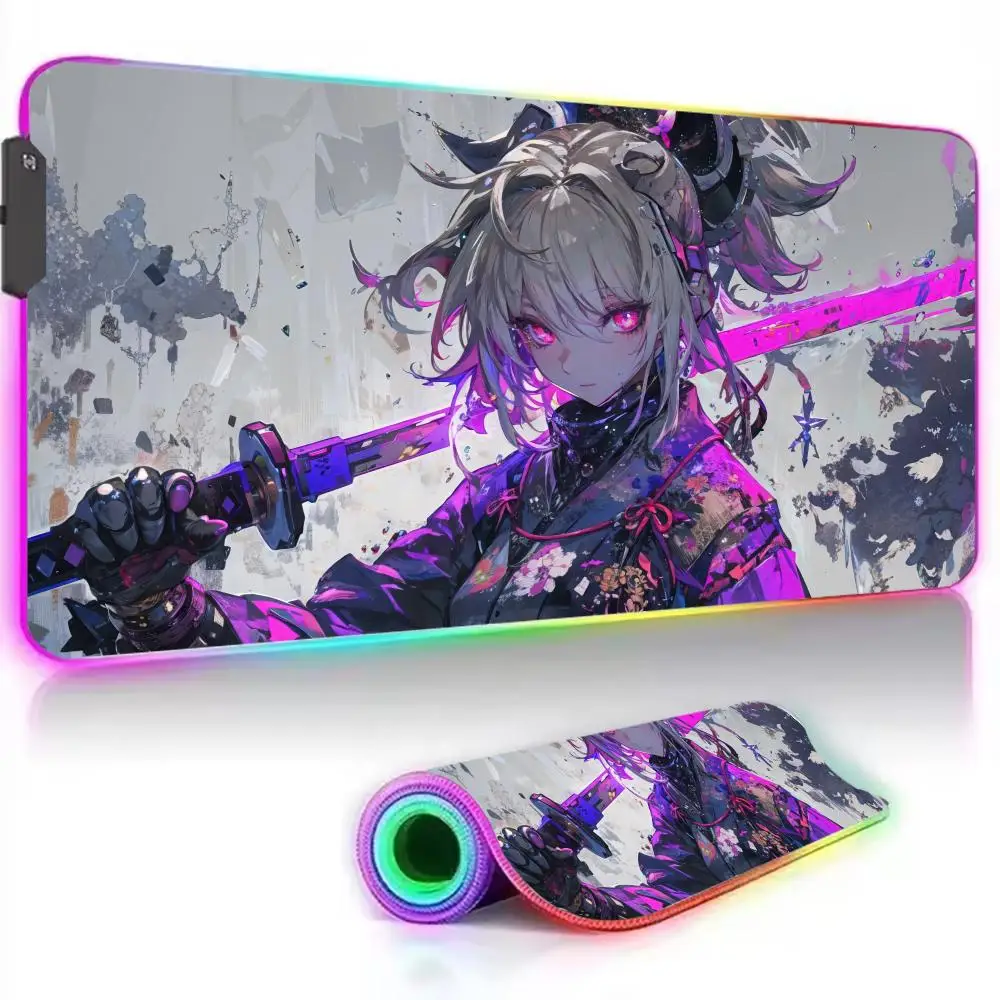 

Samurai Anime Girl Mouse Pad RGB Gaming MousePad XXL Gamer Accessories Large LED Light MousePads Computer With Backlit Deak Mat