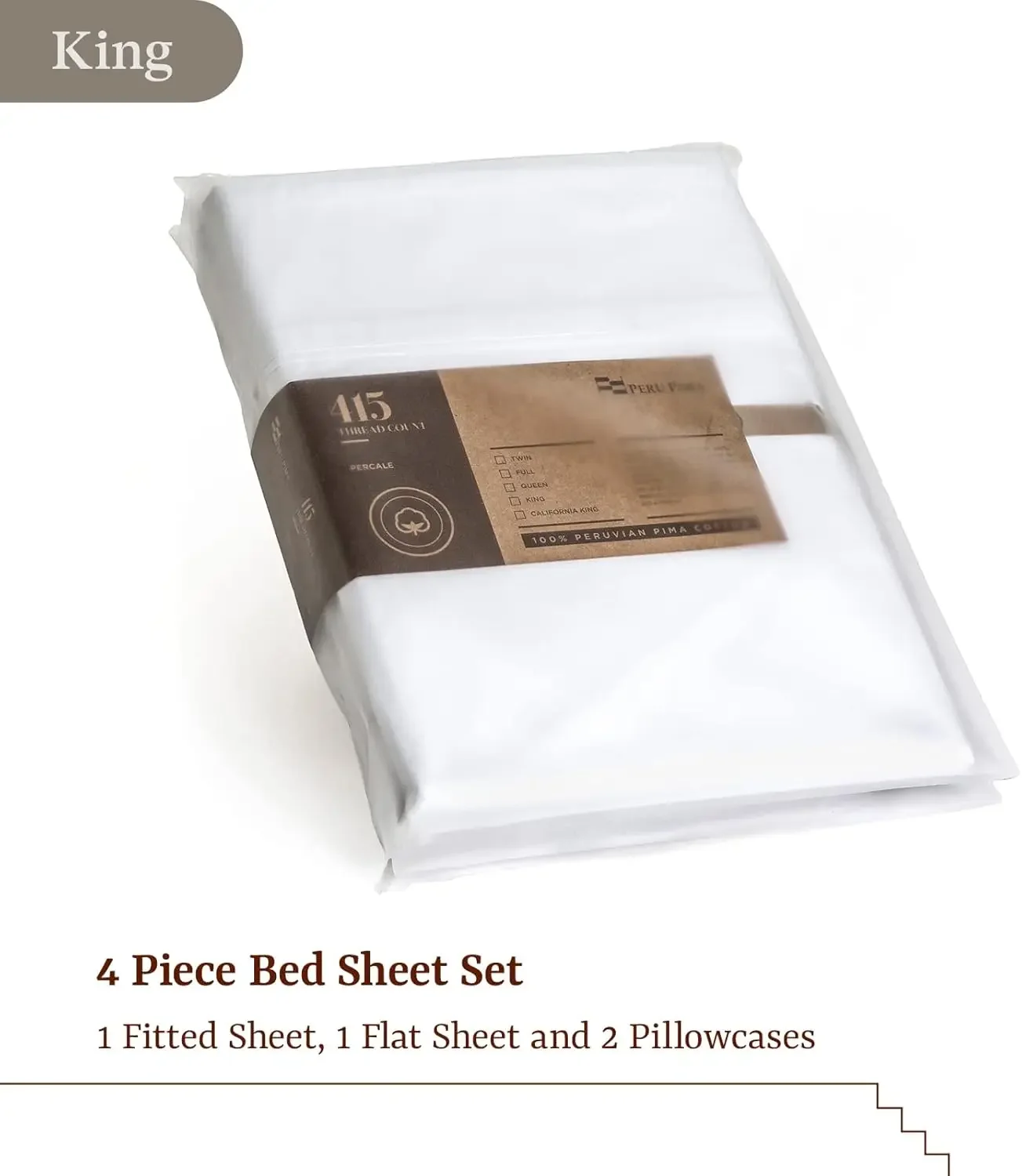 Pima, Bed Sheets Set with 4 Pieces, 415 Thread Count, Percale, 100% Peruvian Pima Cotton, Hotel Luxury Quality, Extra Soft and C