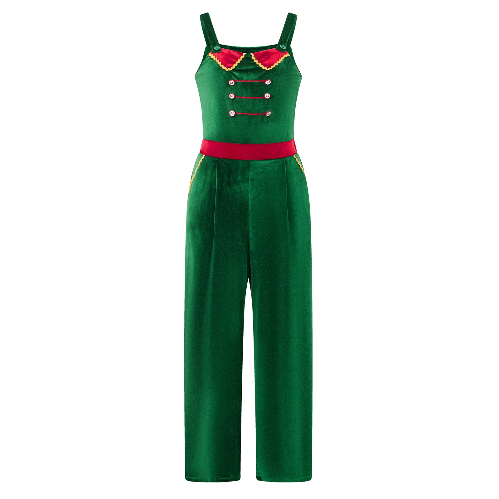 Women Christmas Velvet Jumpsuits Spaghetti Strap Sleeveless Wide Leg Santa Claus Romper Xmas Wide Leg Overalls Pant D16