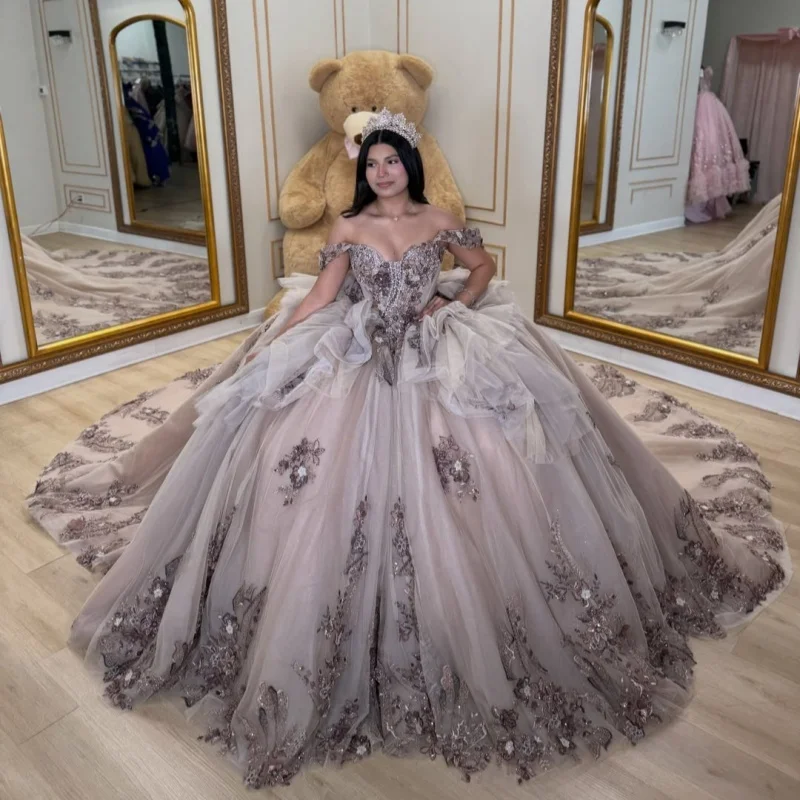 Grey Quinceanera Dress Glitter 3D Flower Decal Long tail off-shoulder Lace Layering Bow Vestidos De 15 Quinceanera ﻿Customize 2