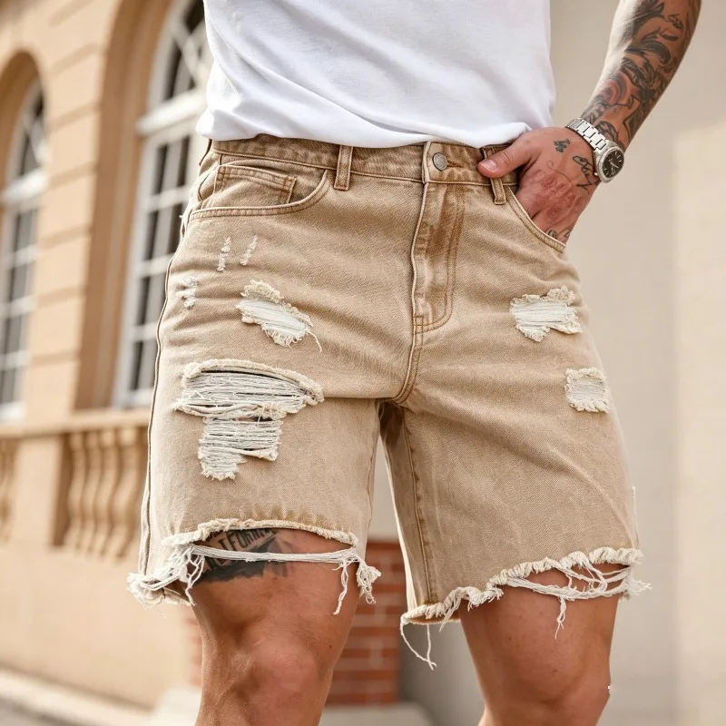 

Loose Hip-hop Denim Shorts Men's Streetwear Summer Ripped Hole Rock Biker Short Pants Fashion Khaki Knee-length American Jeans