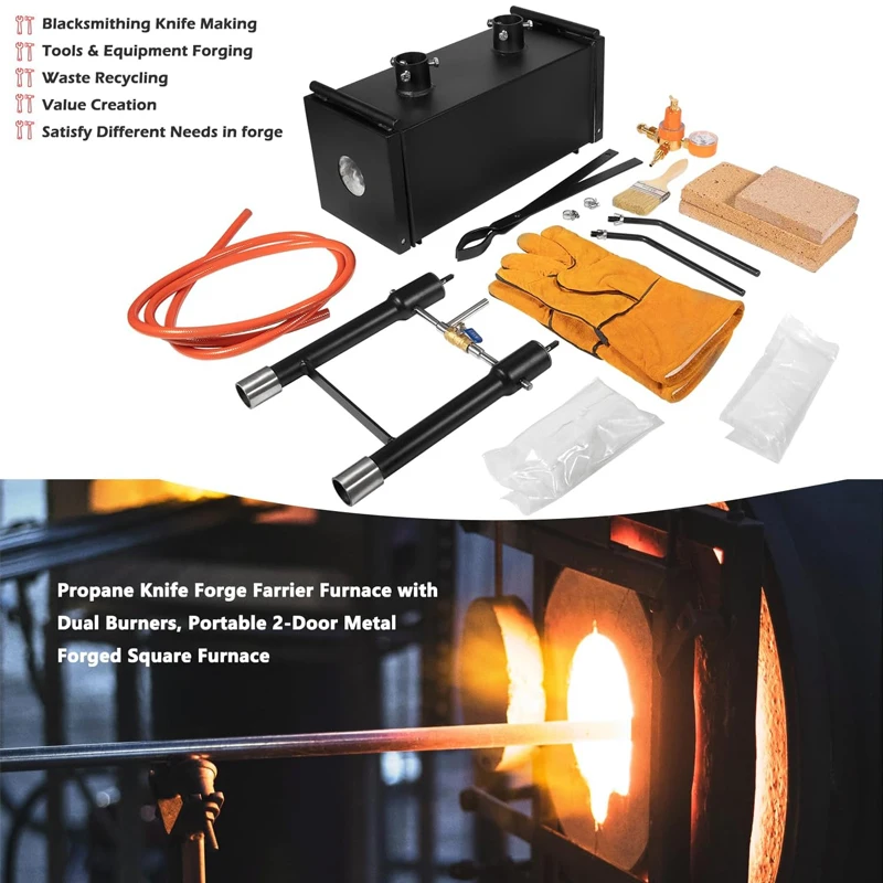 

(2-Door) Propane Knife Forge Farrier Furnace with Double Burners 2700°F/1482℃, for Blacksmith Knife Making, & Equipment Forging