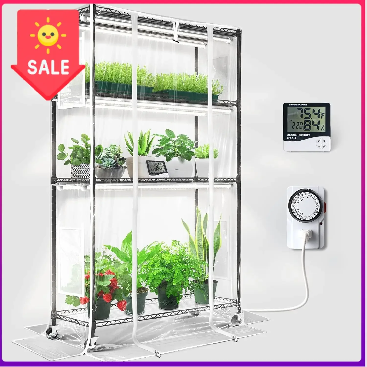 USA Stock CX5Z Indoor Greenhouse with Grow Light, 180W, 4-Tier 35.4x13.8x59IN | Full Spectrum T8 Plant Lights, Portable Metal Pl