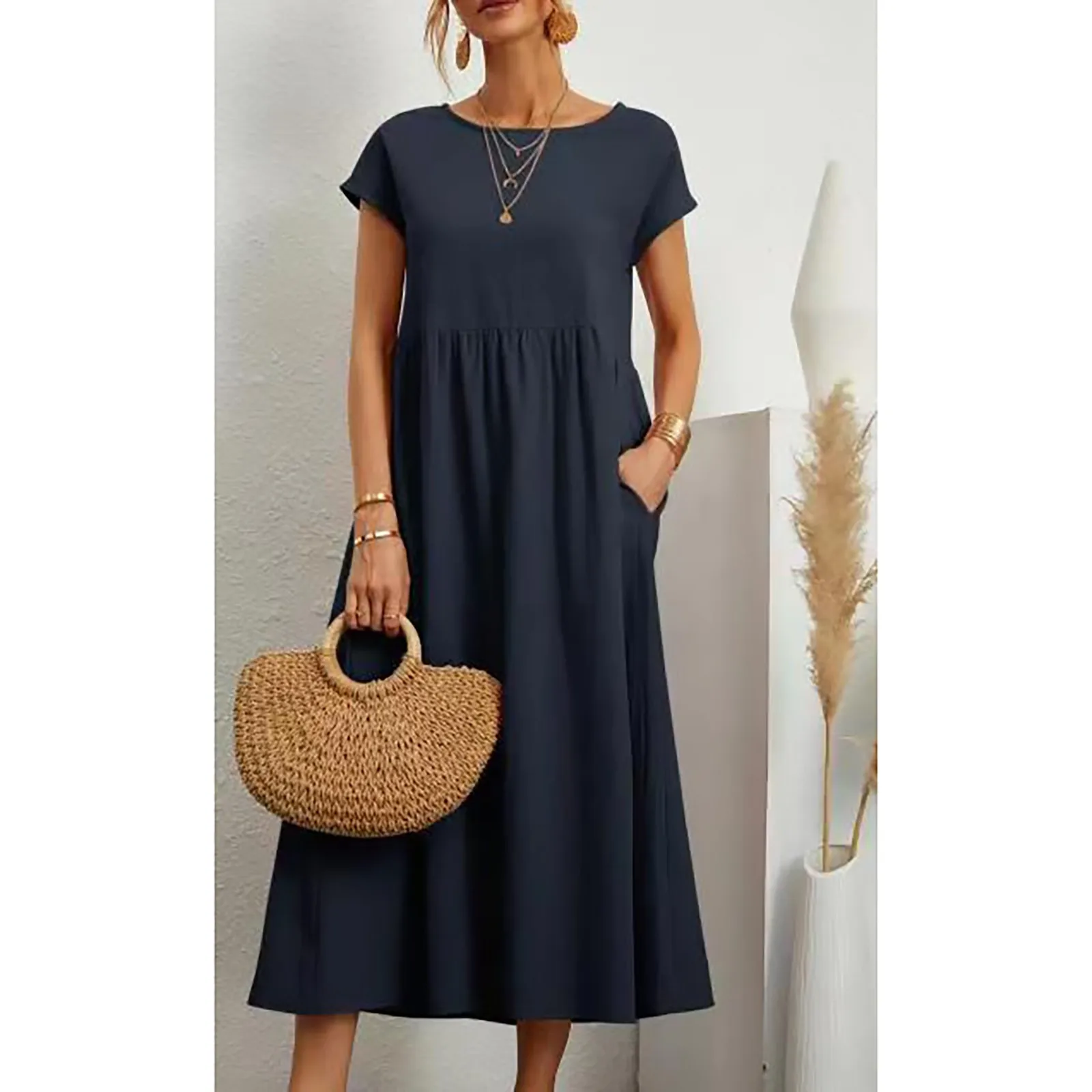 Summer Cotton Linen Long Dress Solid Short Sleeve Casual Dresses 2023 New Loose Pocket Maxi Dress For Women Vestidos