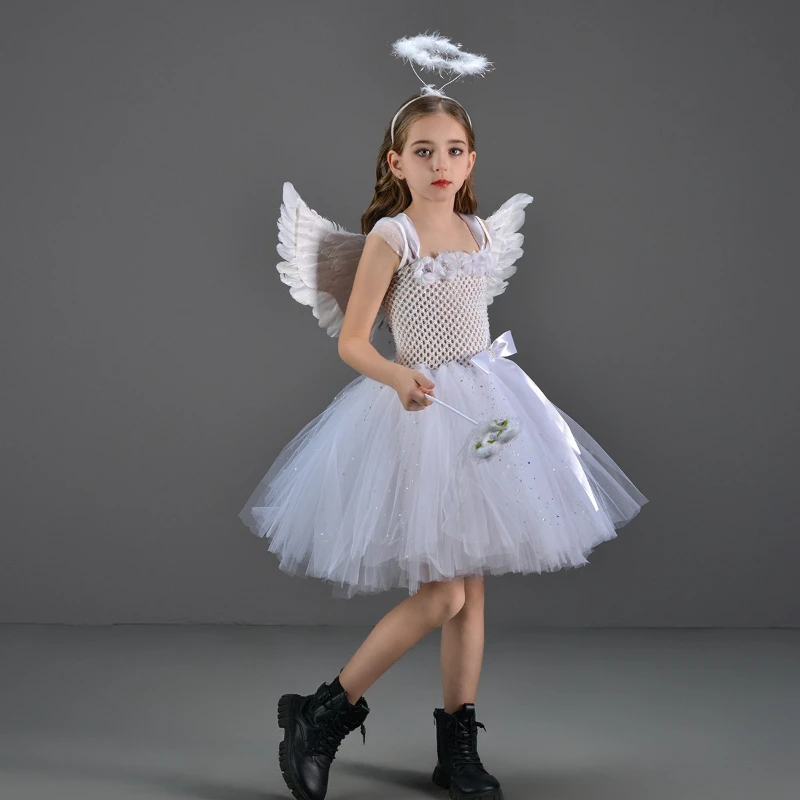 New Angel Costume Halloween Princess Dress for Girls Stage Performance Costume Role-Playing Outfit White Angel Cosplay Costume