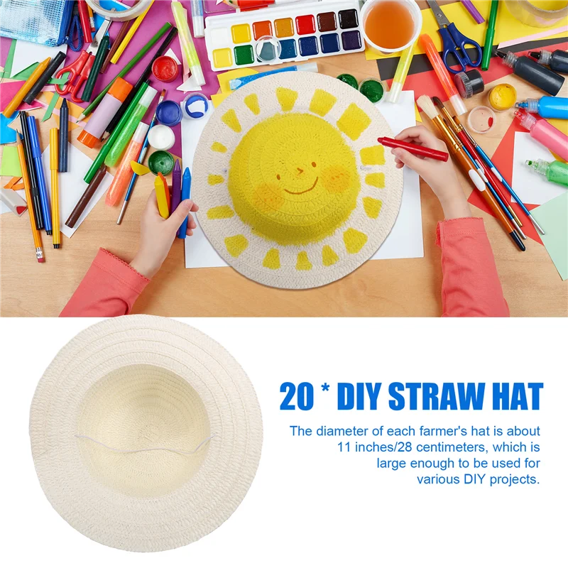 

ABYS-20 Pcs DIY Straw Hat Set Beach Summer Work Farmer Hats For Men Women Kids Cowboy Birthday Party Decoration