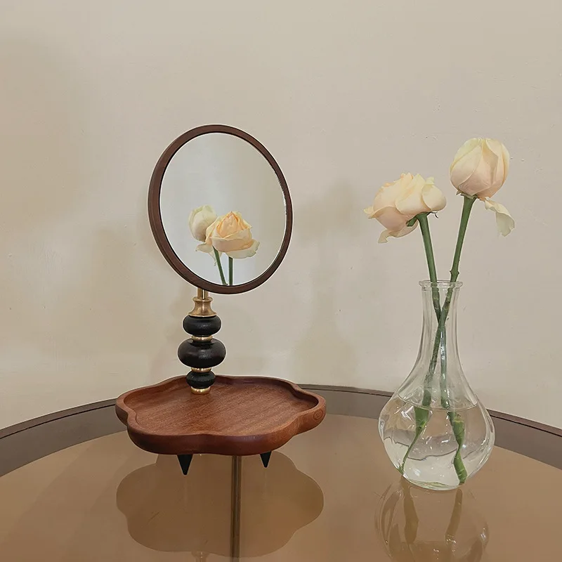 

Retro Wood Desktop round Makeup Mirror Rotatable with Storage Dressing Table Retro Cosmetic Mirrorinsround Lamp