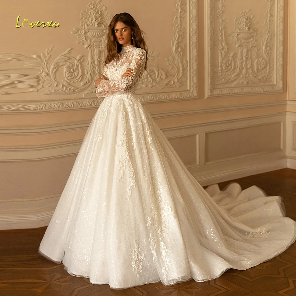 

Loverxu A-Line Glamorous Wedding Dresses 2024 High Neck Long Sleeve Vestido De Novia Lace Appliques Princess Robe De Mariee