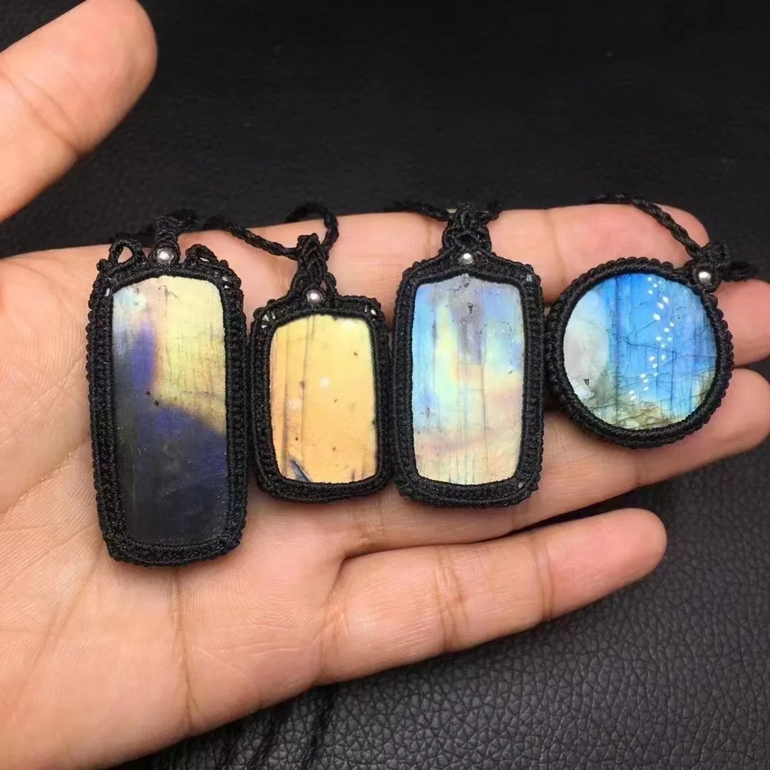 Unit One Handmade Piece Good Sale Natural Labradorite Crystal Designed Wax Thread Weaving Pendant For Jewelry Gift