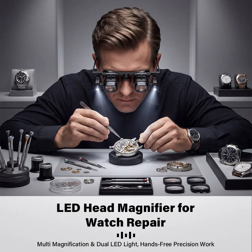 High Definition Portable Head-mounted Magnifying Glasses with LED Lights Adjustable Watch Repair Magnifier 2X 6X 10X 24X