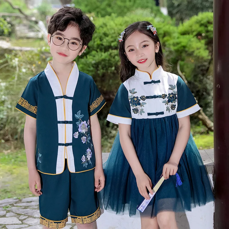 

Summer New Boy Girl Vintage Button Retro Fluffy Hanfu Dress Children Chinese Style Embroidery Two Piece Suit Role Play Costume