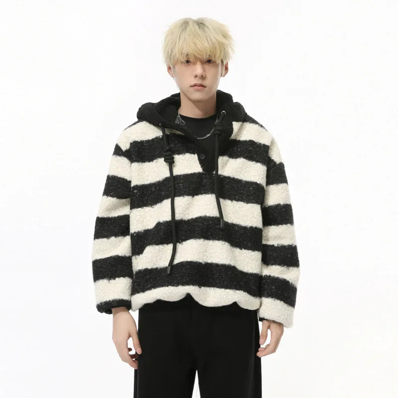 SYUHGFA Korean Style Men's Hoodies Loose Striped Hooded Imitation Lamb Wool Drawstring Contrast Color Casual Male Sweatshirt