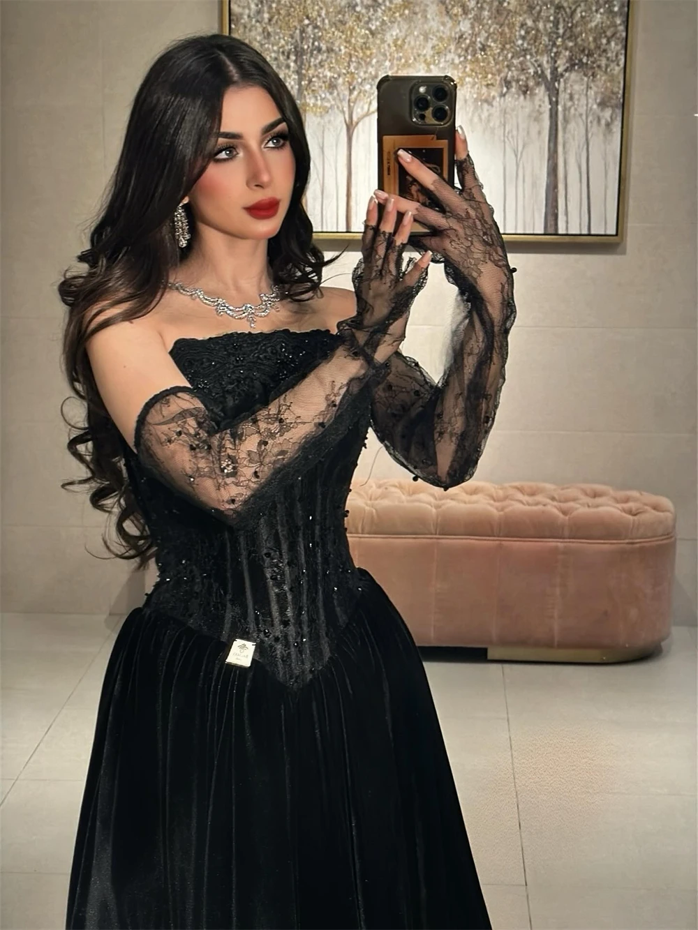 فستان Sansa مخصص أسود على شكل حرف a مزين بالترتر للحفلات الراقصة بدون حمالات دانتيل فيستدوس دي نوش طول الأرض سهرة رسمية 2025 #6