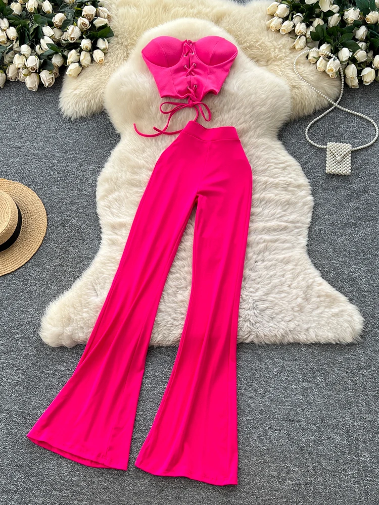 

Sexy Trendy Girl's Sleeveless Crop Top And High Waist Trousers Set Tight Fitting V-Neck Bandage Design Casual Workwear