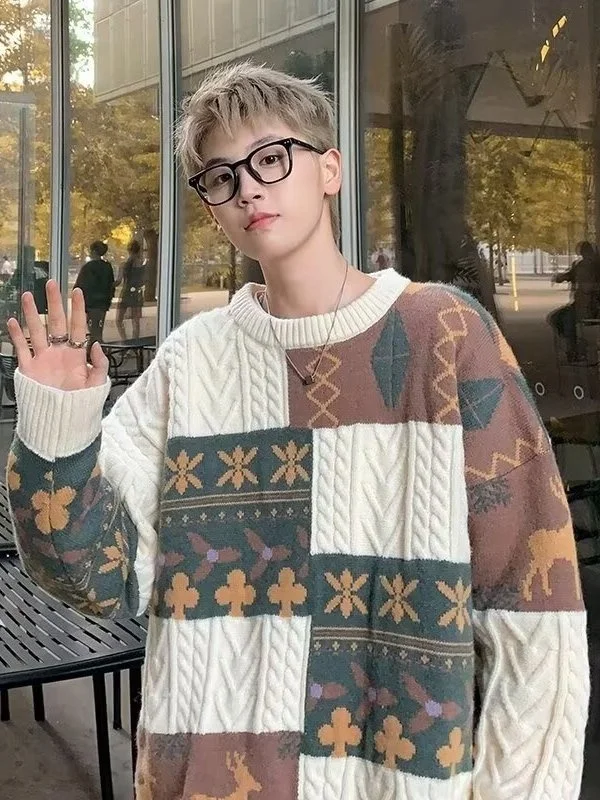 

Вязаный свитер в стиле ретро, свободный круглый пуловер для мужчин и женщин, ранняя осень, модный повседневный длинный свек из полиэфирного волокна