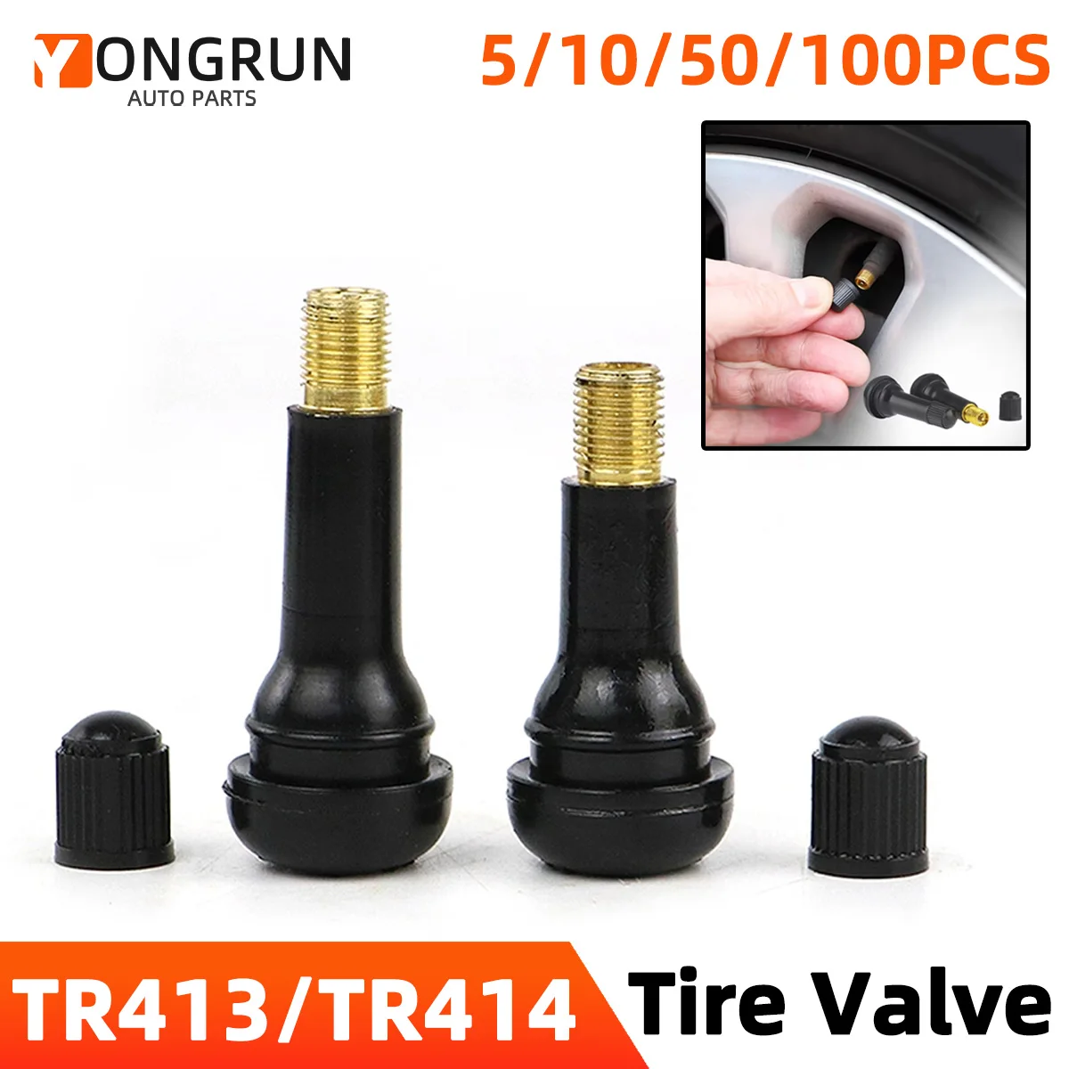 

YONGRUN 4/10/50/100PCS Automotive Tire Valve Stem TR413/TR414 Snap On Black Rubber Tire Valve Tubeless Tire Valve Stem Auto Part