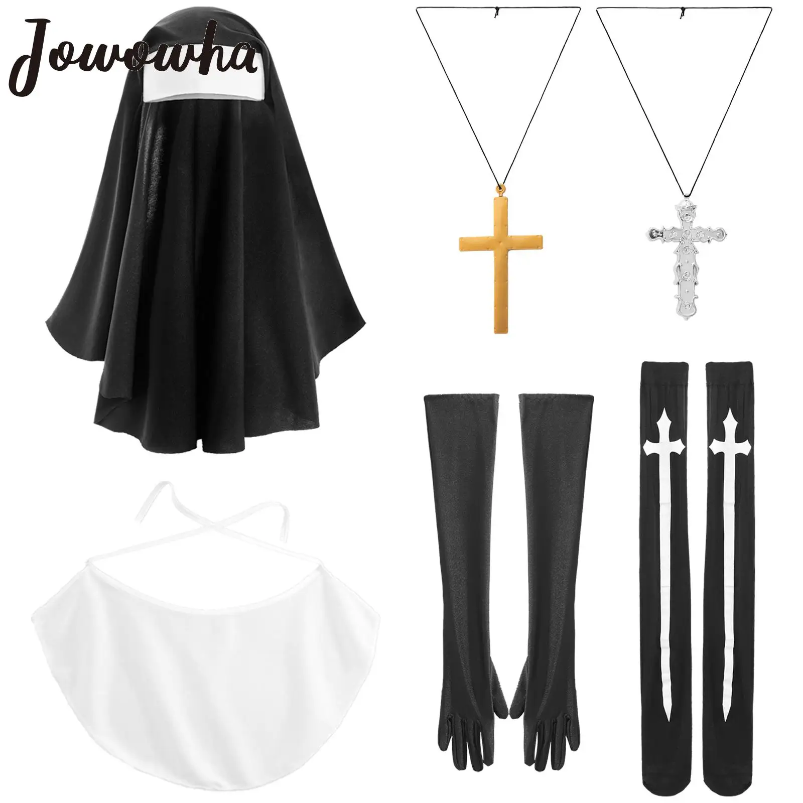 

Womens Nun Missionary Costume Halloween Cosplay Nun Hat Priest Cross Headdress Silk Tube Stockings Gloves Plastic Cross Necklace