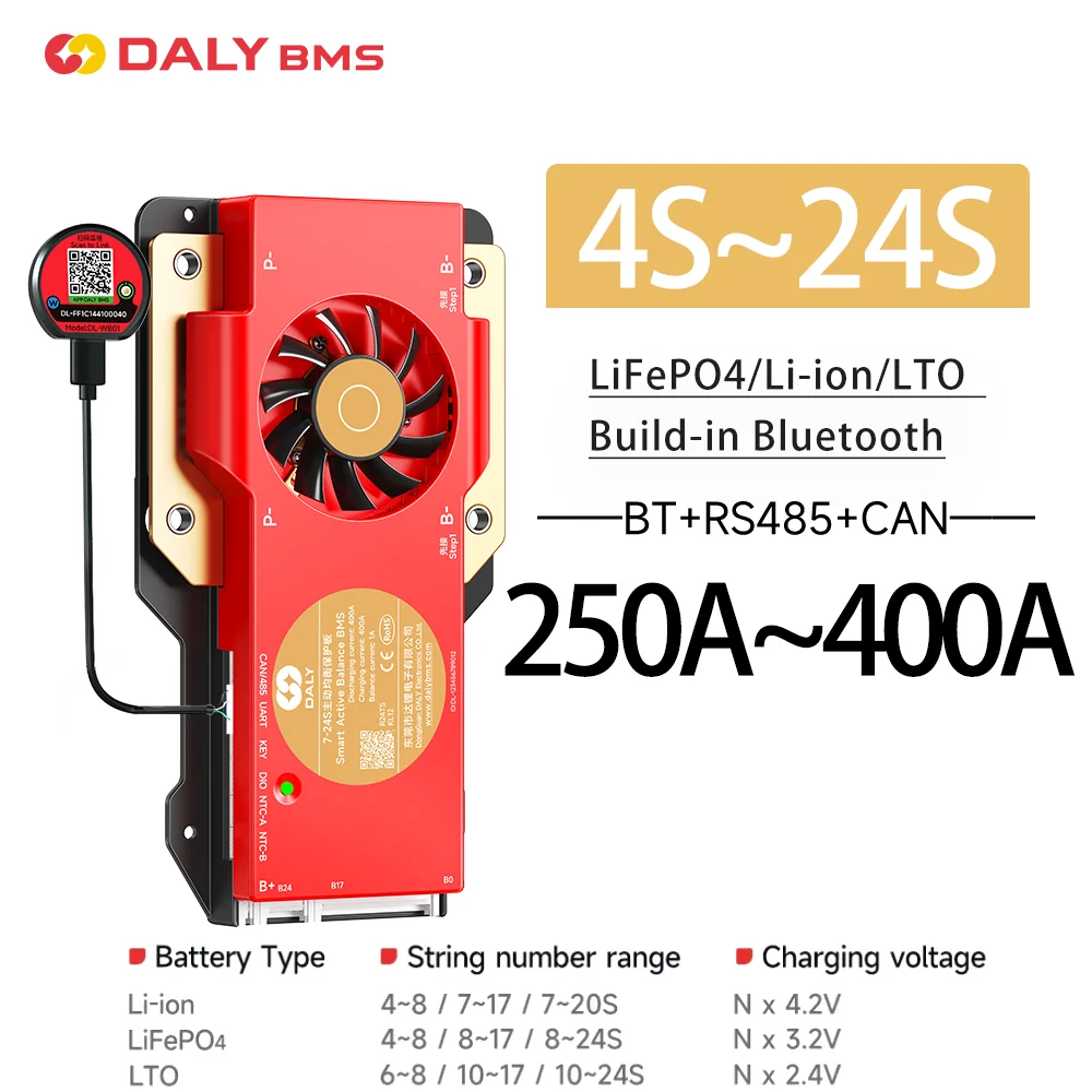 Daly WIFI BMS 4S 7S 8S 12S 16S 17S 12V 24V 48V Lifepo4 1A Active Balance BMS 250A 300A 400A Lifepo4 Li-Ion Lto Batterie