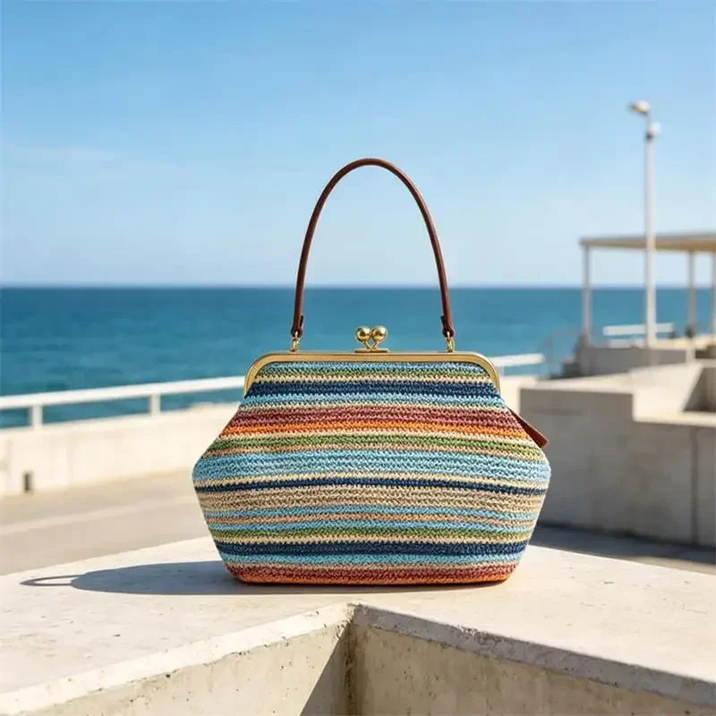 Luxuriöse Unregelmäßige Damen-Schultertasche, Sommer Strand Stroh Muschel-Handtasche Marken-Großraumtasche mit Clipverschluss Elegante Abendtasche – Detail 8