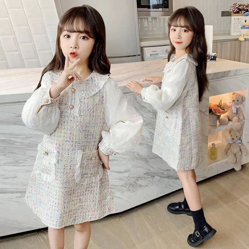 

Прямое платье в стиле пэчворк с лацканами и пышными рукавами для подростков от 4 до 12 лет, модная классическая одежда, весенне-осеннее новое шерстяное платье принцессы для девочек