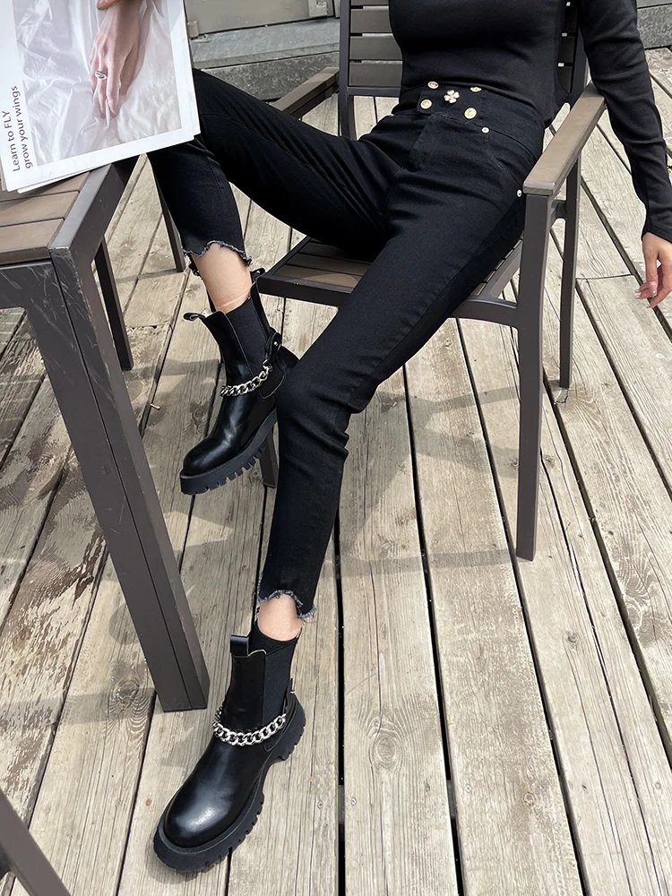 

Newest black 2022 Designer skinny jeans Fashion Gold Button Pocket Edge High Waist Pencil Jeans Pants