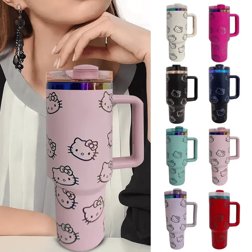 

40Oz Anime Kawaii Sanrio Hellokitty Big Mac Ice Cup 304 Stainless Steel Rose Color Car Cup Double-Layer Straw Insulated Cup Gift