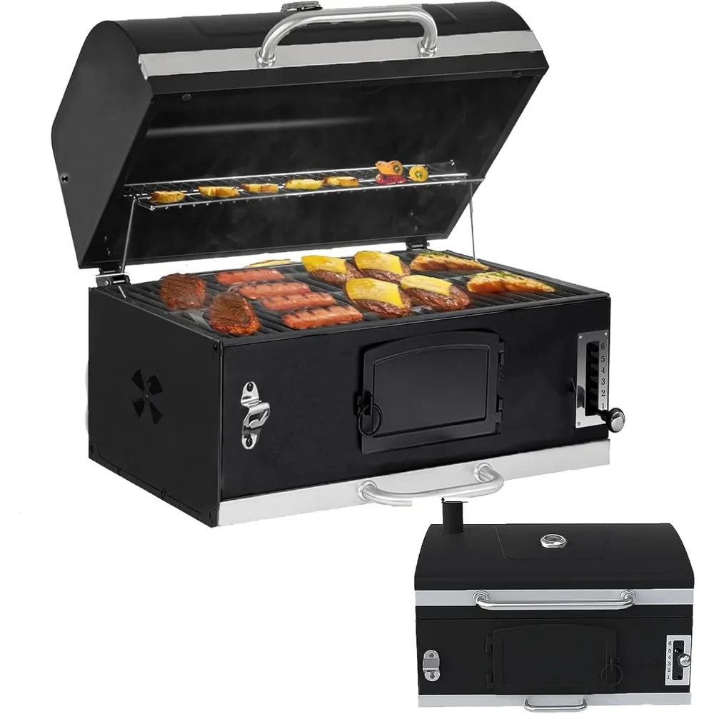 

Built-in Charcoal bbq Grill, 480 Square Inches Barbecue Grills with Liftable Tray, Insulated Hood & Temp Gauge, Black Stainless