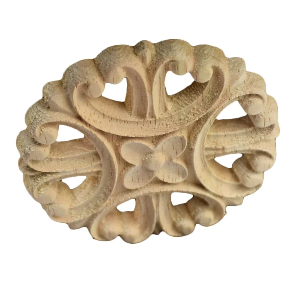 4PCS 6/8cm Wood Appliques Carving Frame Furniture Cabinet Door Home Decor Wooden Figurine Flower Pattern Carve Figurines