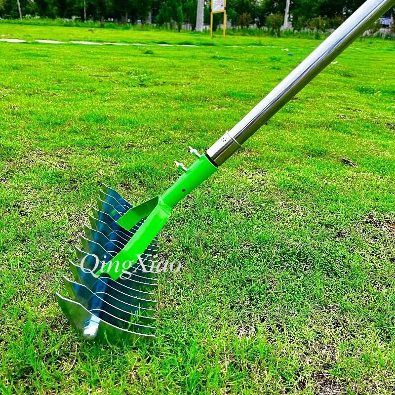 Stainless Steel Lawn Rake Garden Leaf Thatch Remover Soil Loosening Tool, Adjustable Long Handle for Backyard Patio Yard Care