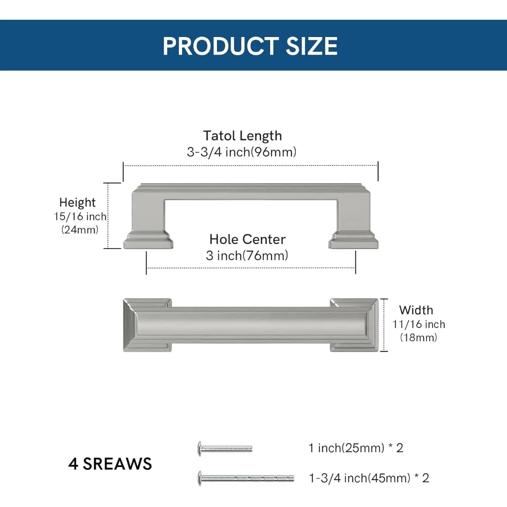 Manijas cuadradas para gabinetes de cocina de 3 pulgadas en níquel cepillado, tiradores de cajones modernos para herrajes contemporáneos
