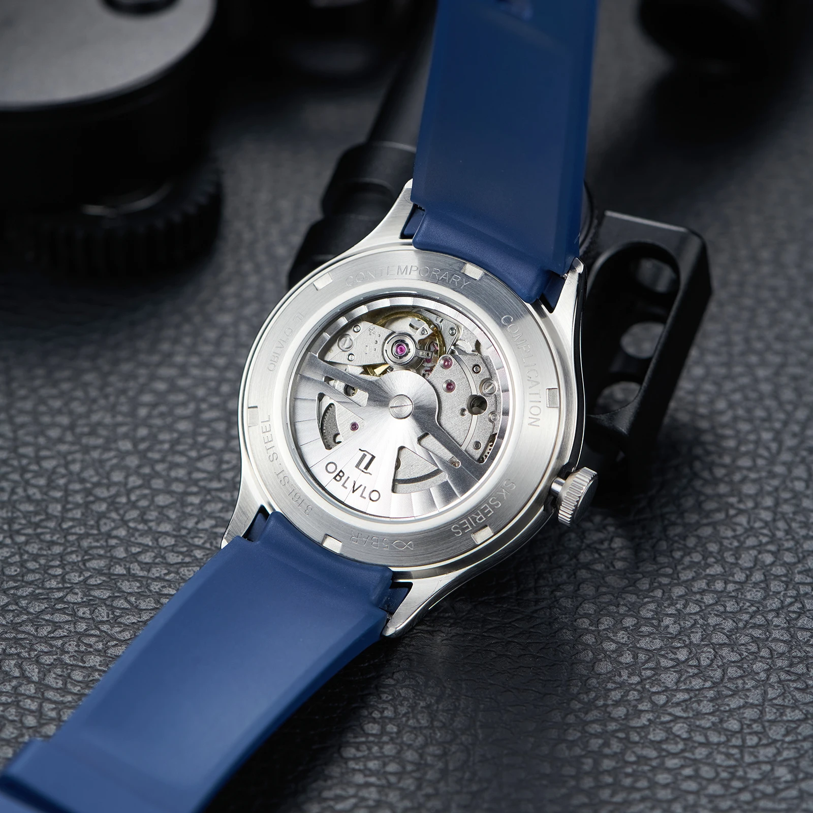 OBLVLO Creative Circular Dial Analog Automatic Watch for Men Luminous Waterproof Blue Silicone Strap Mechanical Watches BLM-2