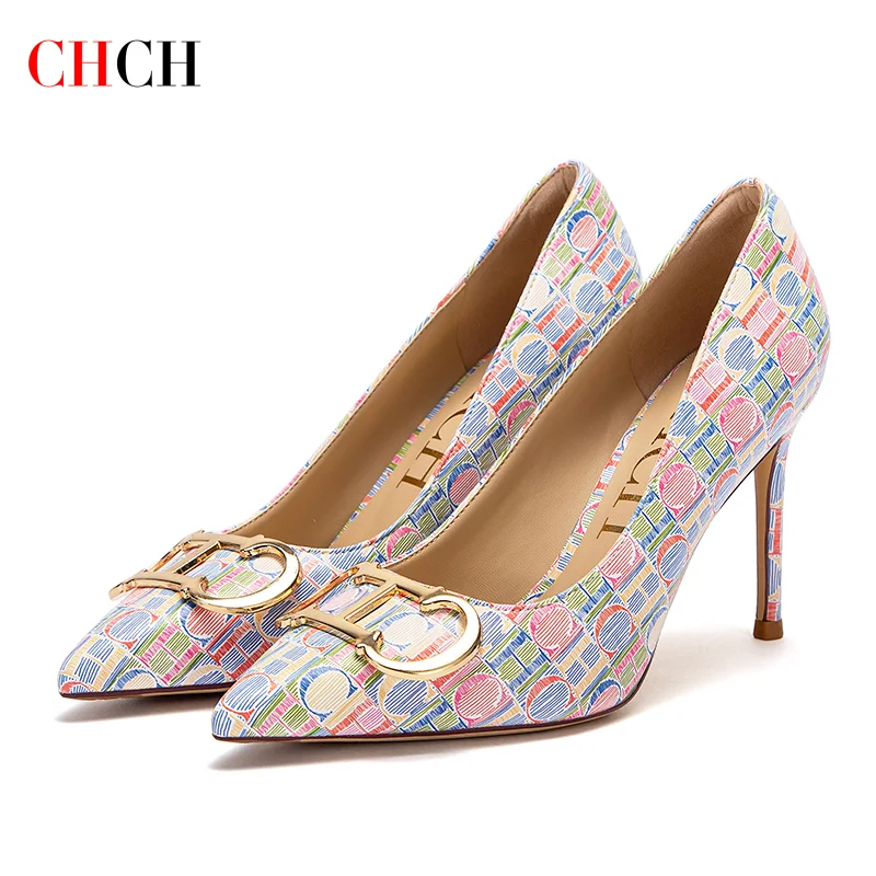 CHCH Women's High Heels New Beige Letter Printed 7cm Casual Party Women's Shoes