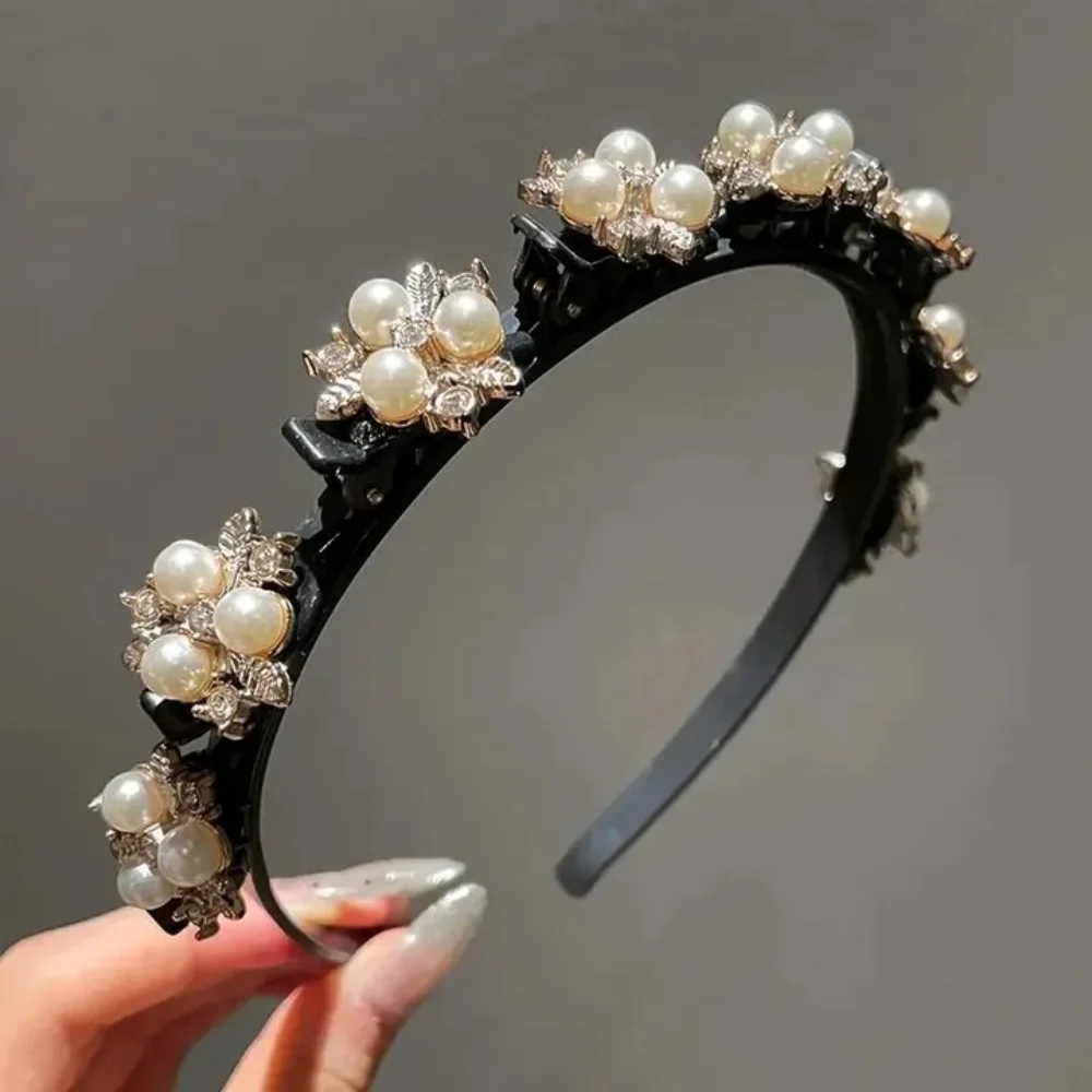 Diadema con diamantes de imitación para niñas perezosas, aros para el cabello, herramientas trenzadas de circonita y perlas, Clips giratorios, diadema dentada para lavado de cara